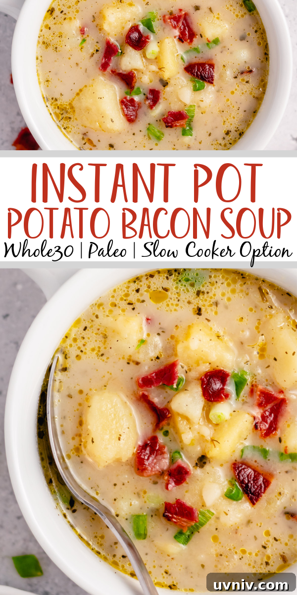 This Whole30 potato bacon chowder is an easy soup recipe that can be made in either the instant pot or slow cooker. The potatoes and bacon combine with the onions and a few other fresh ingredients for a healthy, dairy free weeknight meal that's gluten free, paleo, and is also a great meal prep recipe. #potatobaconsoup #whole30soup #glutenfreesoup #instantpotsoup #30minutemeals This Whole30 potato bacon chowder is an easy soup recipe that can be made in either the instant pot or slow cooker. The potatoes and bacon combine with the onions and a few other fresh ingredients for a healthy, dairy free weeknight meal that's gluten free, paleo, and is also a great meal prep recipe. #potatobaconsoup #whole30soup #glutenfreesoup #instantpotsoup #30minutemeals