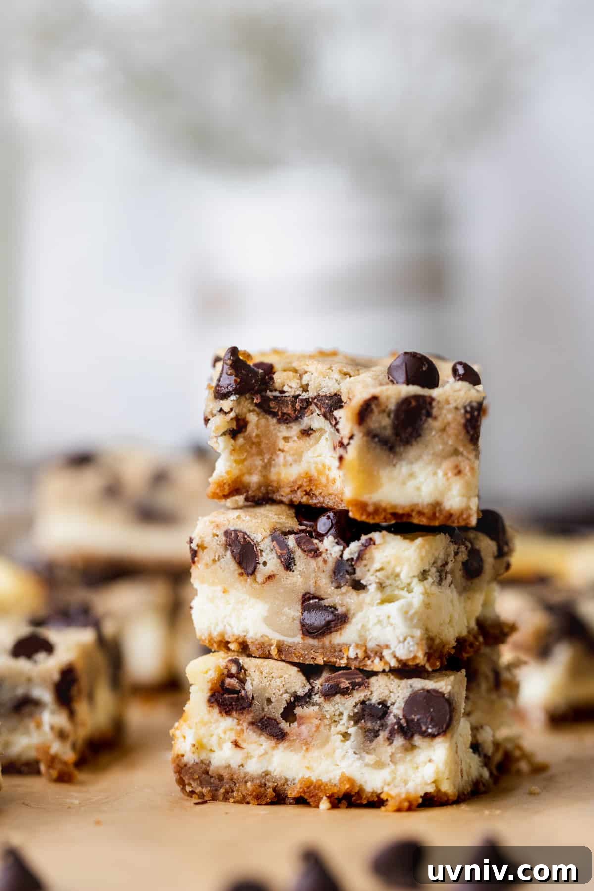 Cookie Dough Cheesecake Bars Recipe — No-Bake Dessert Bars 2 Stack of Cookie Dough Cheesecake Bars.