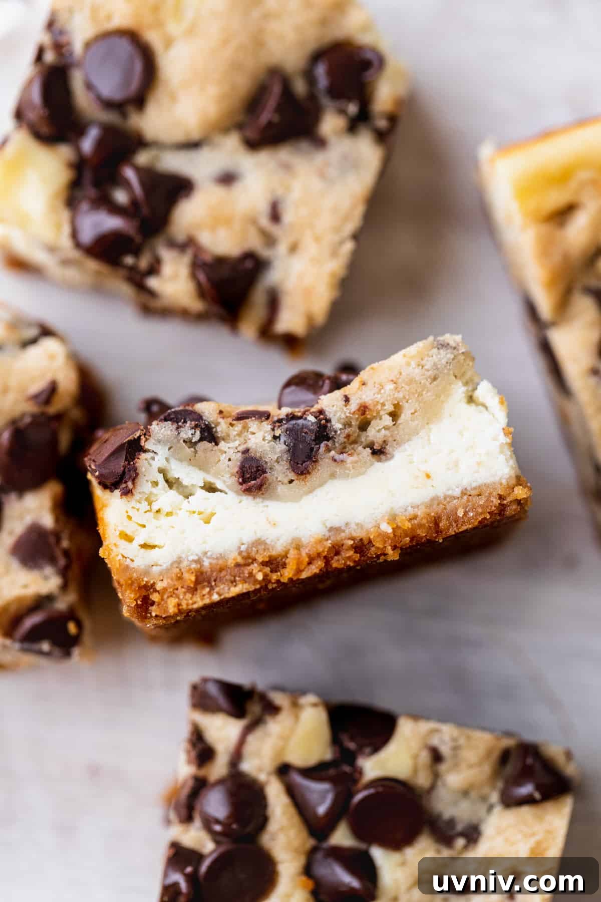 Cookie Dough Cheesecake Bars Recipe — No-Bake Dessert Bars 11 Side view of Cookie Dough Cheesecake Bars