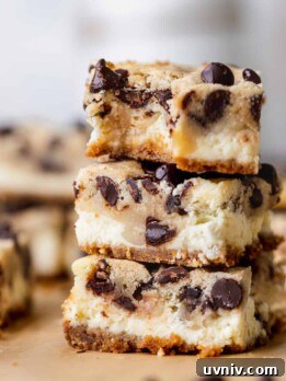 Cookie Dough Cheesecake Bars Recipe — No-Bake Dessert Bars 12 Stack of Cookie Dough Cheesecake Bars.