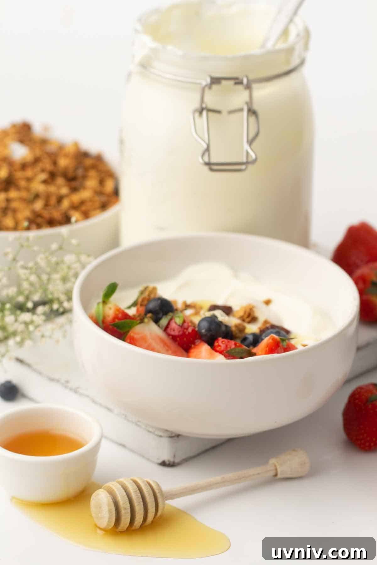 Instant Pot Yogurt Recipe: Make Yogurt with Sous Vide or Yogurt Mode 13 A bowl of Instant pot yogurt with berries and granola in front of a jar of yogurt.