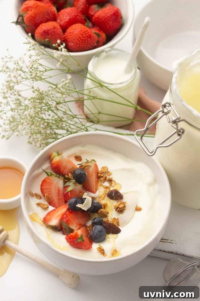 Instant Pot Yogurt Recipe: Make Yogurt with Sous Vide or Yogurt Mode 17 Overhead view of a bowl of Instant pot yogurt with berries and granola.