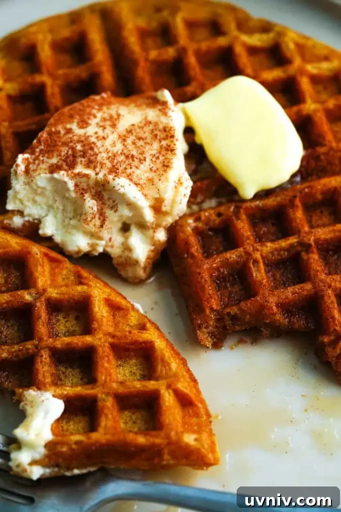Buttermilk Pumpkin Spice Waffles Recipe for Fall Breakfast 3 waffles closeup