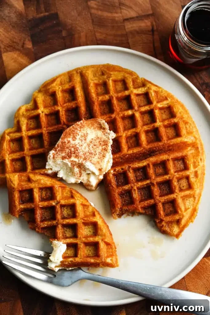 Buttermilk Pumpkin Spice Waffles Recipe for Fall Breakfast 6 buttermilk pumpkin spice waffles with whipped mascarpone.