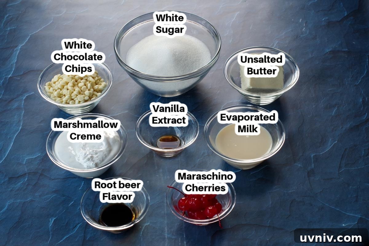 Root Beer Float Fudge Recipe: Creamy Soda-Infused Candy 4 root beer float fudge ingredients in labelled glass dishes on blue surface