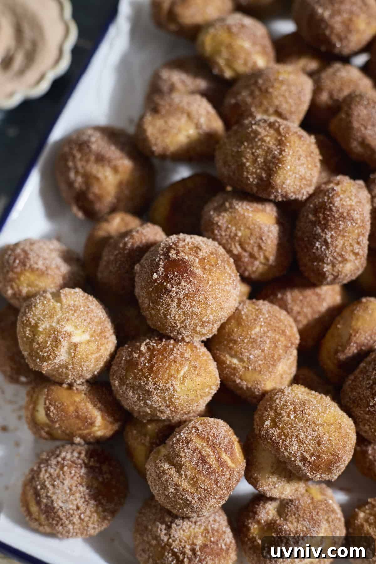 Sourdough Discard Cinnamon Sugar Pretzel Bites on a white platter.