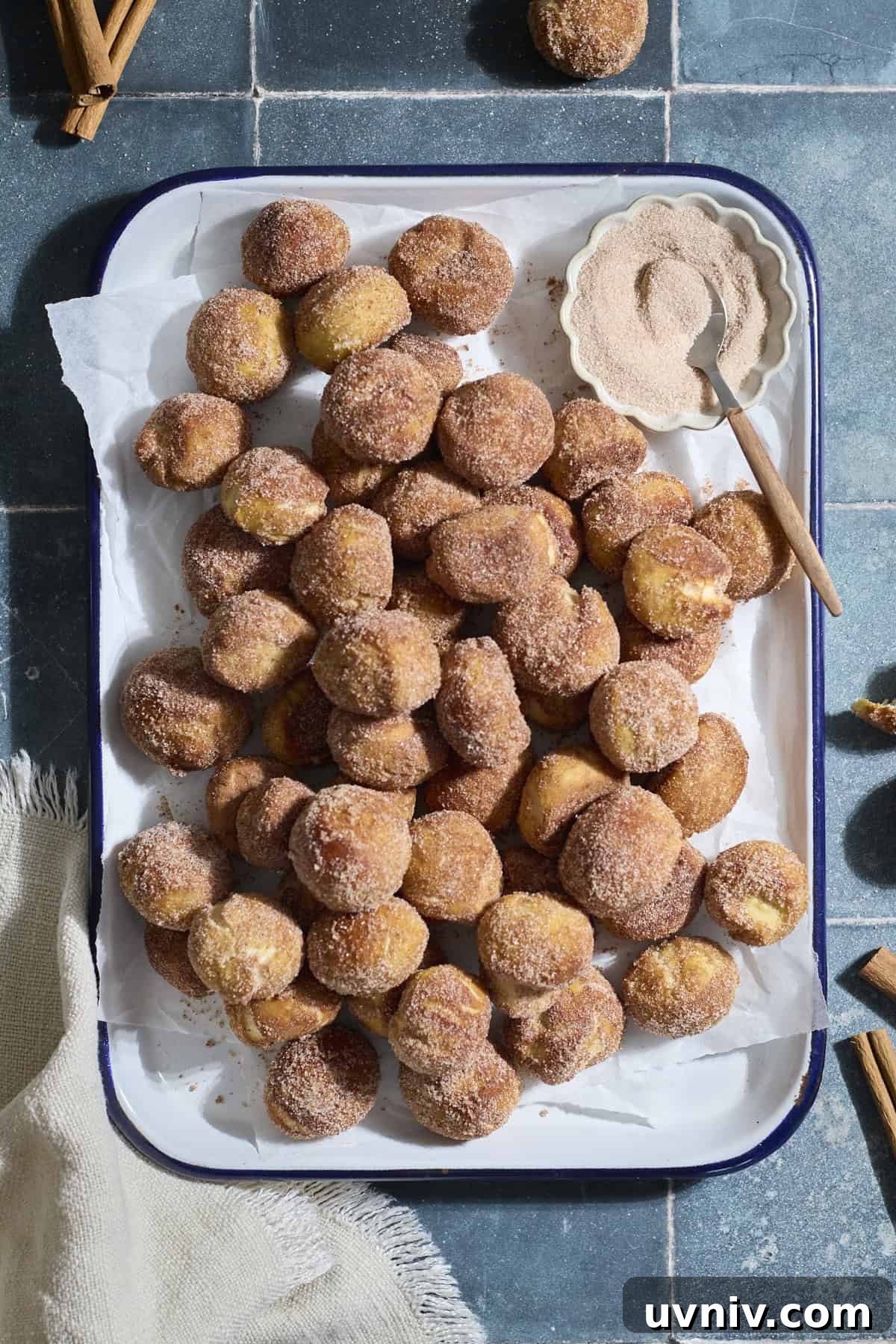 Sourdough Discard Cinnamon Sugar Pretzel Bites on a white platter.