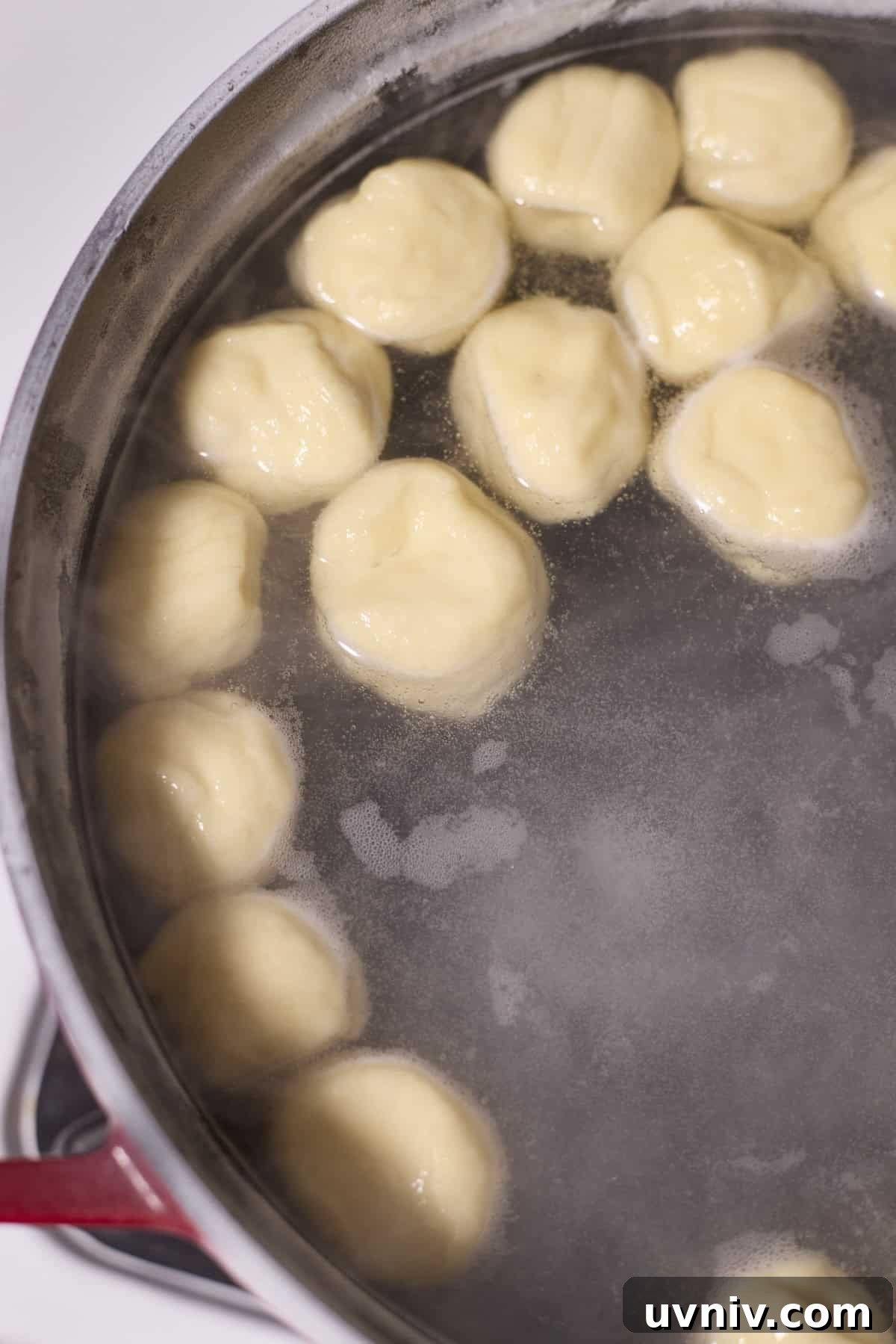 Pretzel bites in boiling water.
