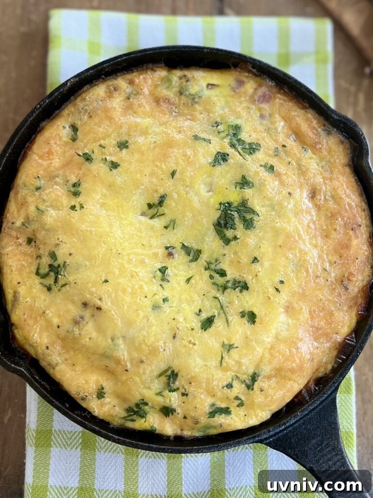 Overhead view of finished ham, cheese and egg frittata.