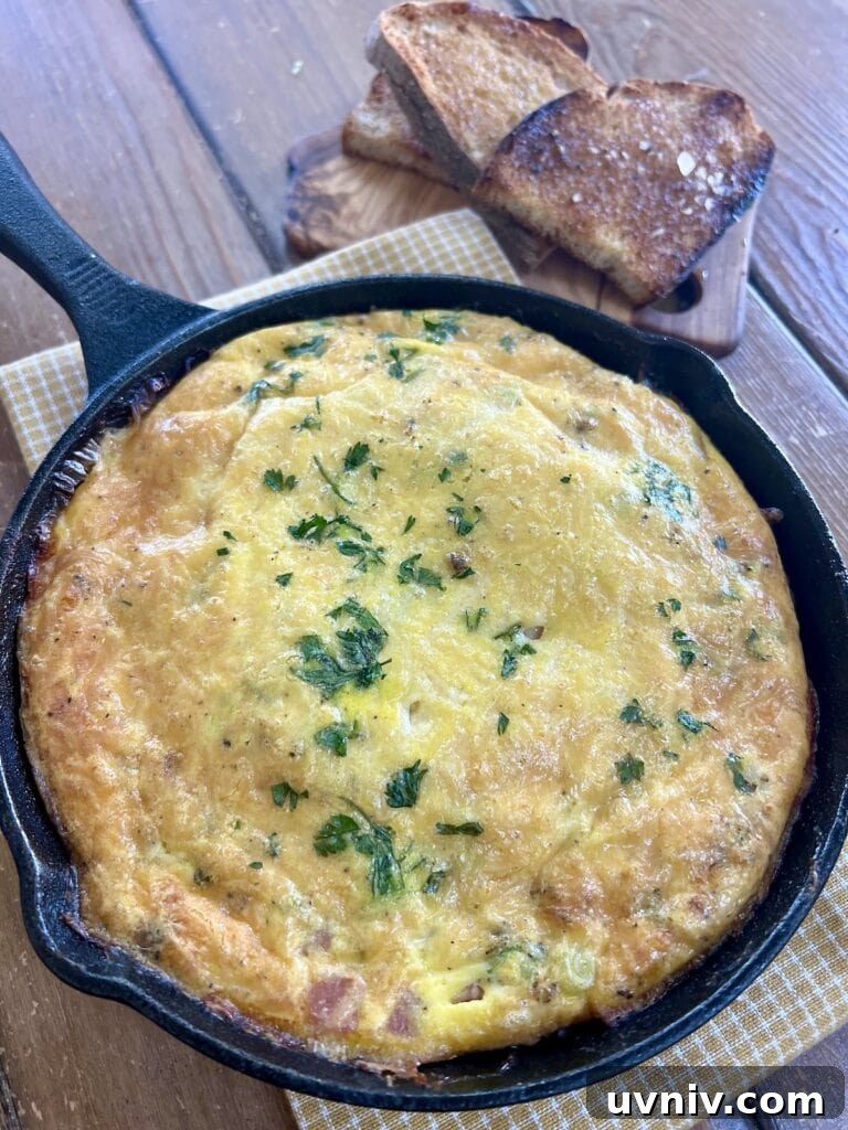 Baked egg frittata in cast iron pan.