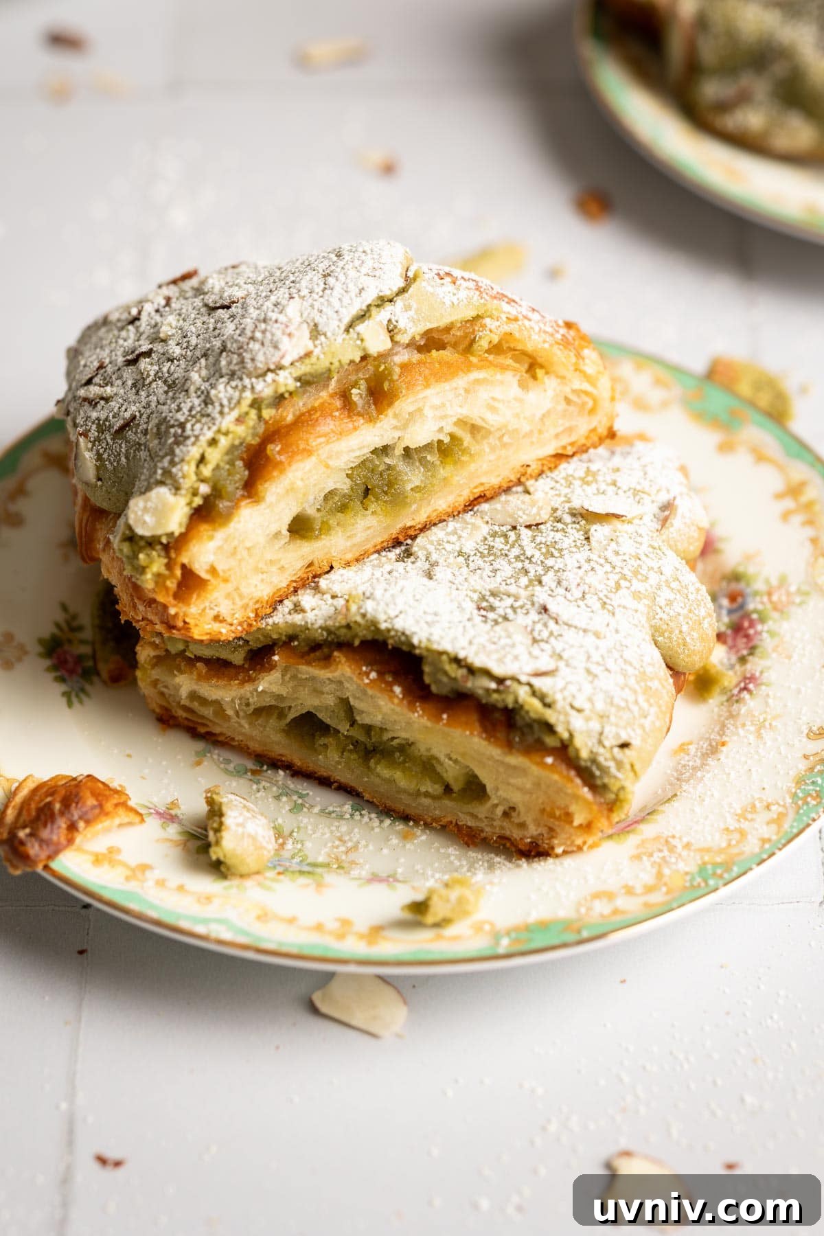 Matcha Almond Croissants Recipe: Flaky Green Tea Pastry Tutorial 5 Two halves of a matcha croissant on a tea plate.