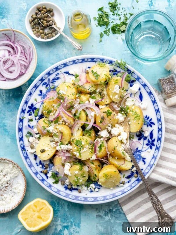 Grilled Corn and Avocado Salad with Lime Cilantro Dressing 12 A bowl of Greek potato salad with red onions, feta cheese, herbs, and capers