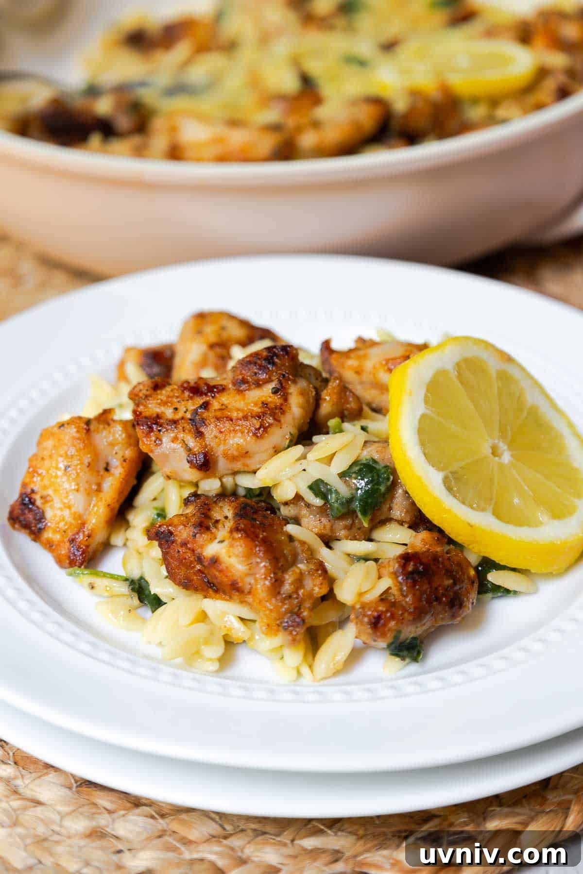 Lemon chicken orzo plated with a lemon slice garnish.