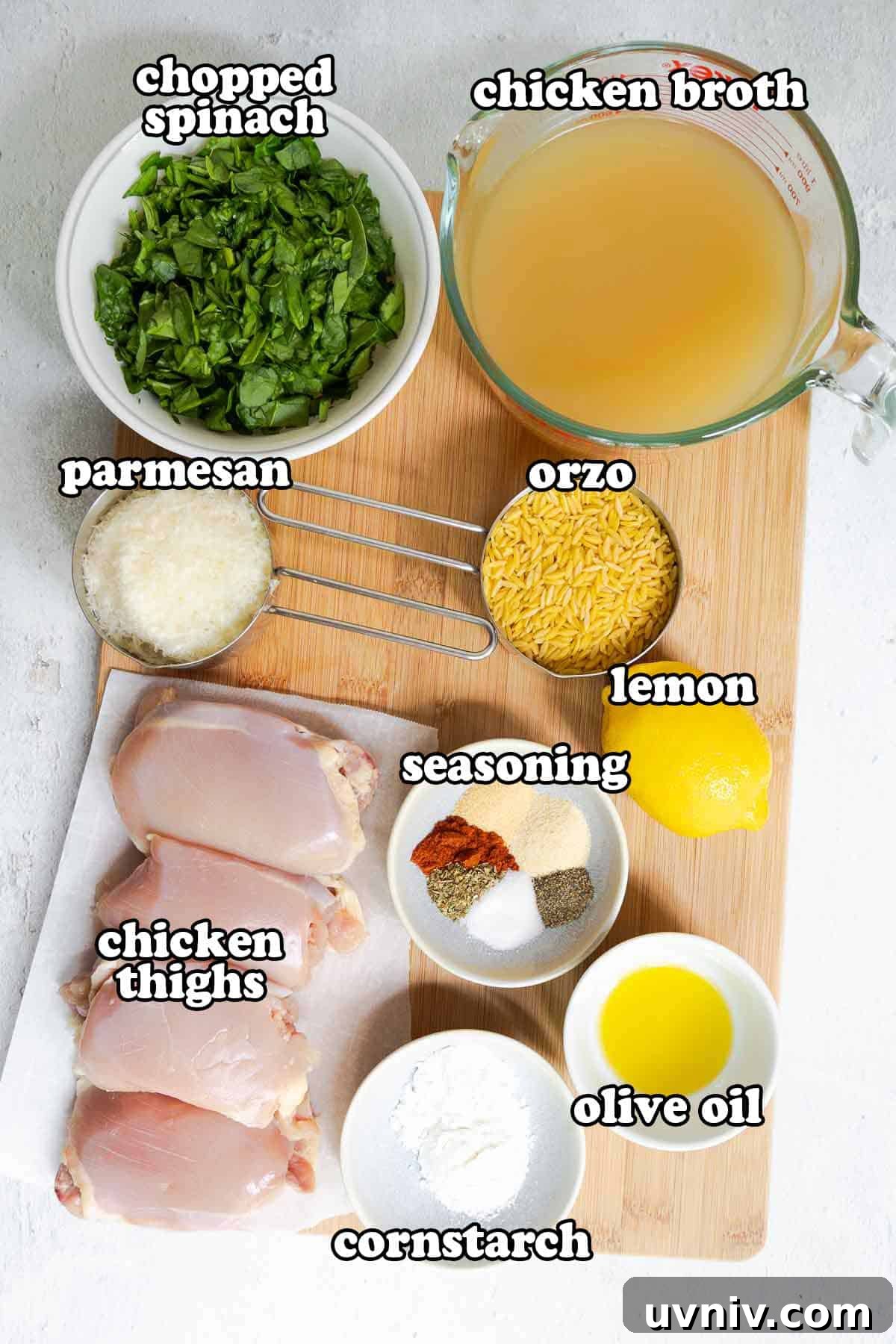 Ingredients for lemon chicken orzo: chicke thighs, cornstarch, olive oil, seasonings, lemon, uncooked orzo, parmesan, chopped spinach, and chicken broth.