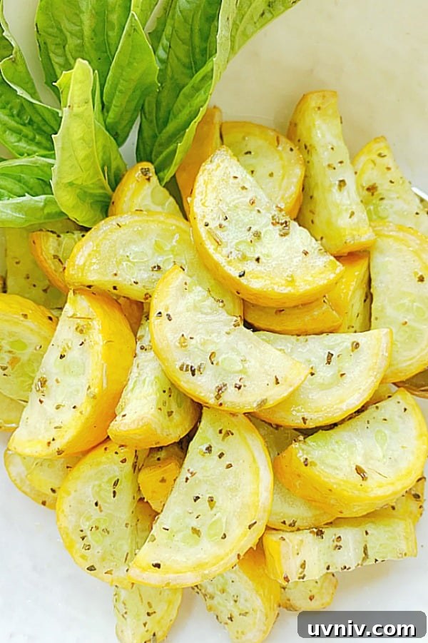 Crispy Air-Fried Summer Squash with Garlic and Parmesan 3 air fryer squash in a bowl with fresh basil