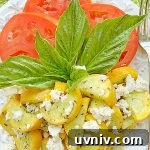 Crispy Air-Fried Summer Squash with Garlic and Parmesan 7 yellow squash topped with feta on a plate with sliced tomatoes and fresh basil
