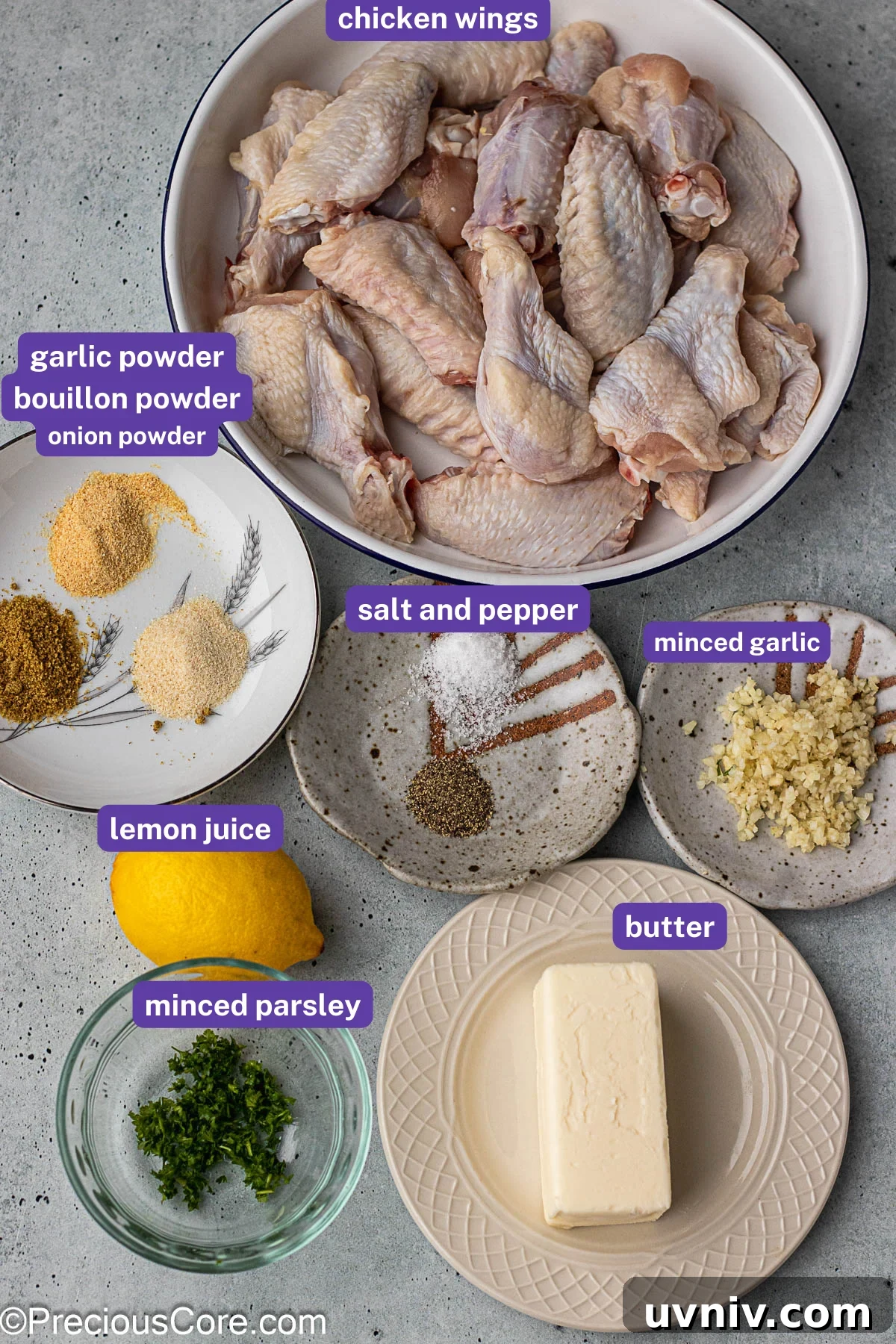 Crispy Garlic Butter Chicken Wings Recipe 5 Ingredients for garlic butter chicken wings with labels to explain each ingredient.