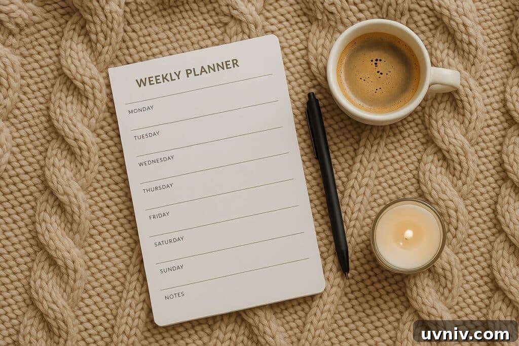 Smart Budgeting for a Comfortable Retirement Lifestyle 3 weekly planner on a knitted background with coffee and a candle