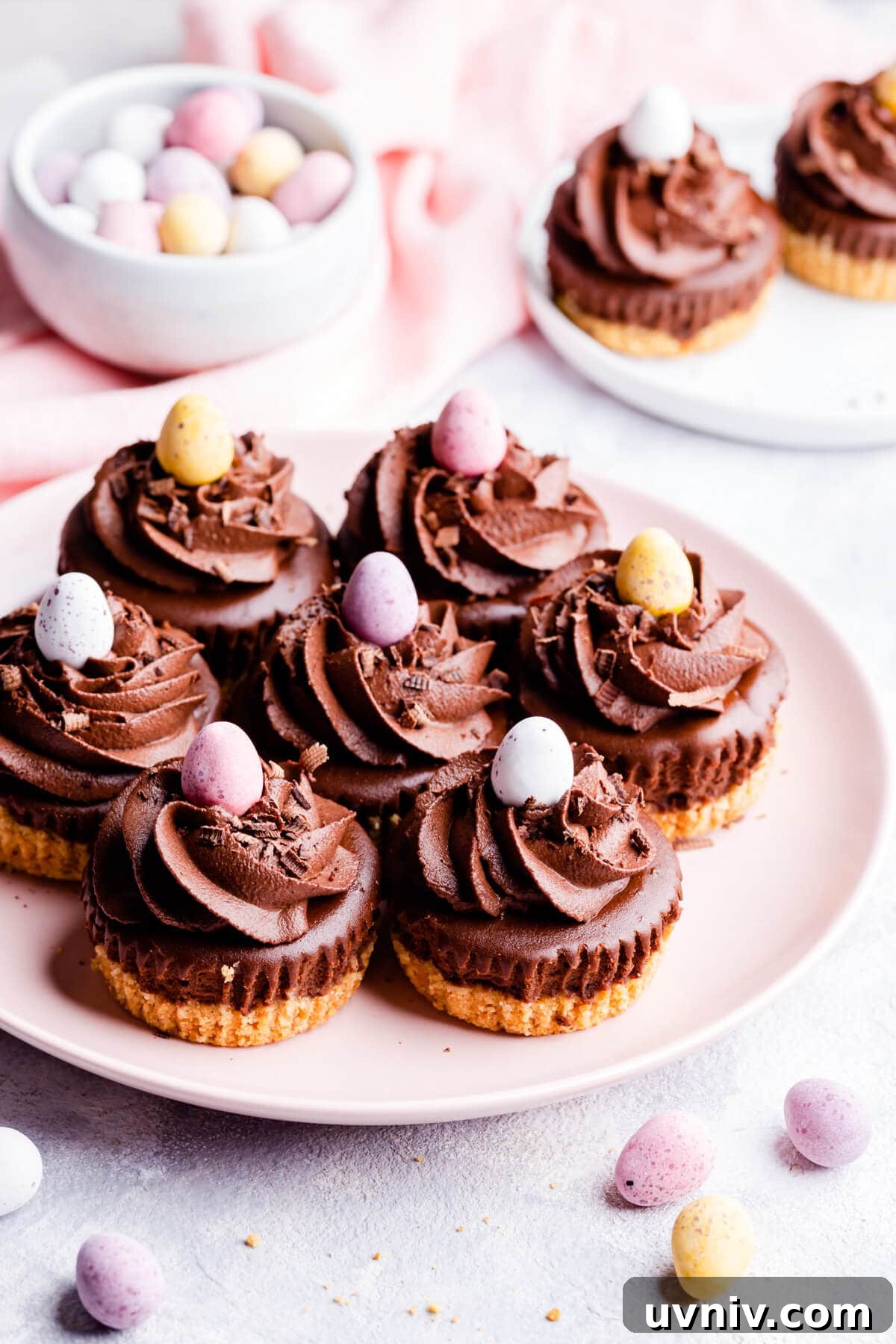 45 degree angle view at a plate with mini cheesecakes
