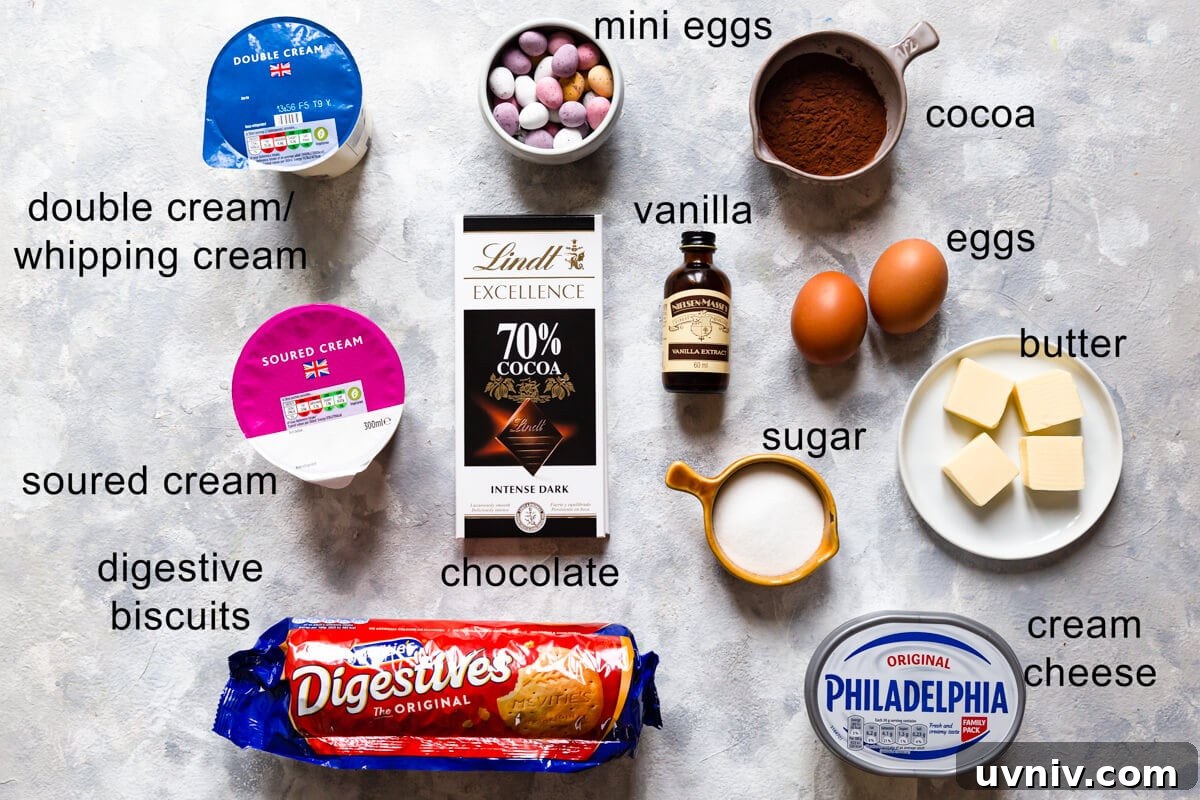 overhead shot of the ingredients for cheesecake with text labels