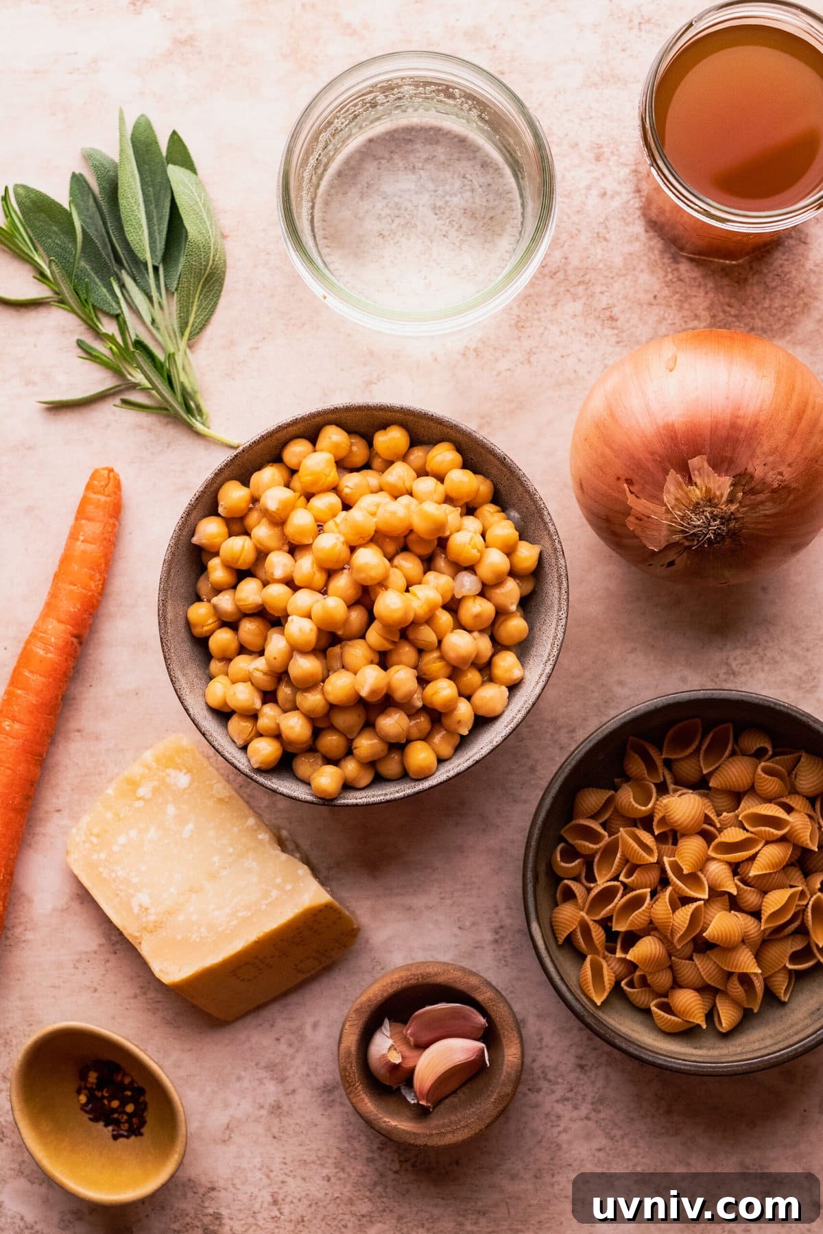 Pasta e Ceci: Classic Italian Pasta with Chickpeas Recipe 3 Ingredients for pasta e ceci soup arranged on a light background.