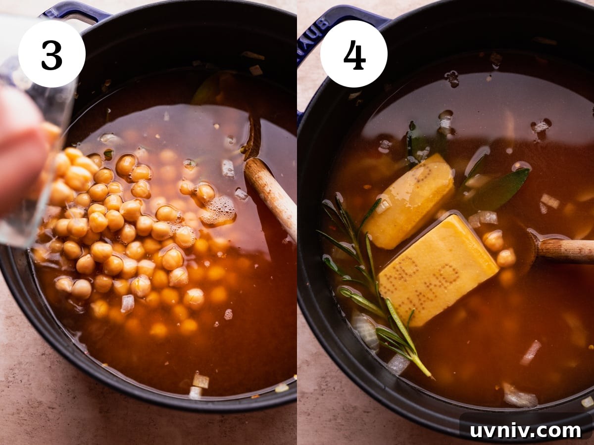Pasta e Ceci: Classic Italian Pasta with Chickpeas Recipe 5 Photos in a collage showing how to make pasta e ceci.