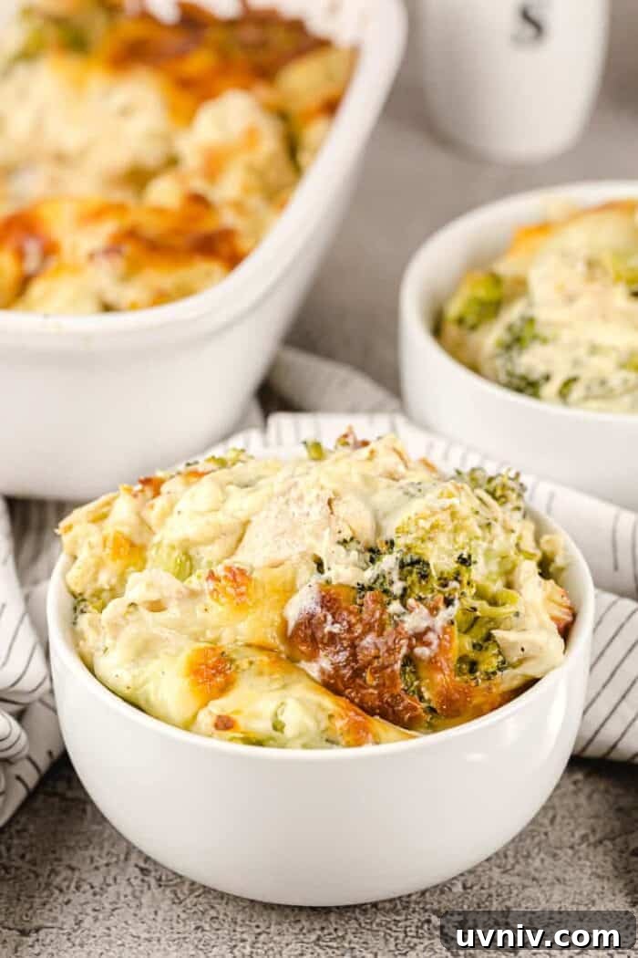 Low-Carb White Chicken Chili Recipe for Keto Diet 13 small white bowl containing a serving of keto chicken broccoli casserole