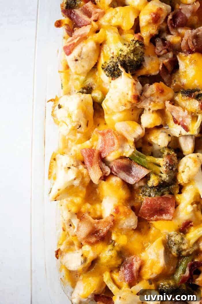 Low-Carb White Chicken Chili Recipe for Keto Diet 16 overhead view of casserole dish with keto chicken bacon ranch casserole