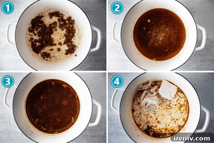 Low-Carb White Chicken Chili Recipe for Keto Diet 3 overhead view of four step process to make keto white chicken chili recipe