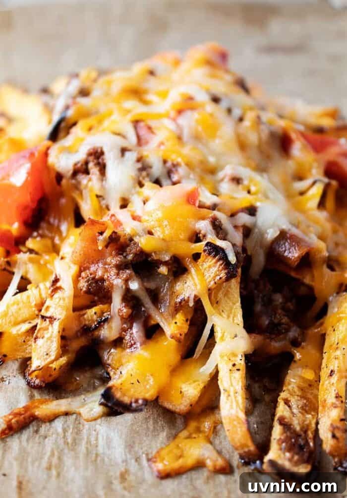 Low-Carb White Chicken Chili Recipe for Keto Diet 8 closeup of keto chili cheese fries on a baking sheet
