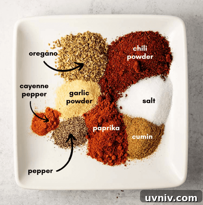 Low-Carb White Chicken Chili Recipe for Keto Diet 9 homemade chili seasoning ingredients on a white plate