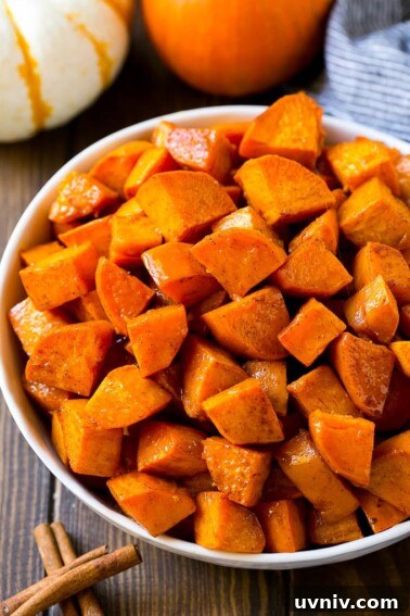 Maple roasted sweet potatoes with cinnamon and butter.
