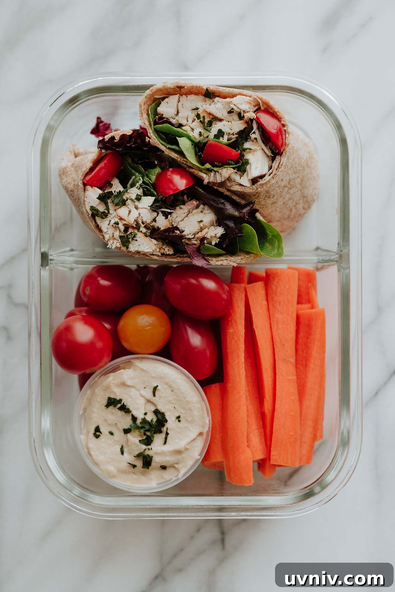 5 Rotisserie Chicken Lunch Prep Ideas for the Week 3 Chicken wrap with hummus and raw veggies