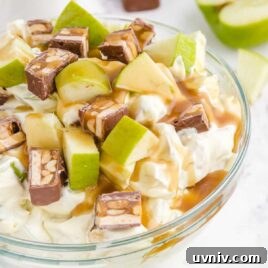 Snickers Salad Recipe: Creamy Dessert Salad with Chocolate & Peanut Butter 10 close up shot of a bowl of Snickers Salad garnished with caramel sauce