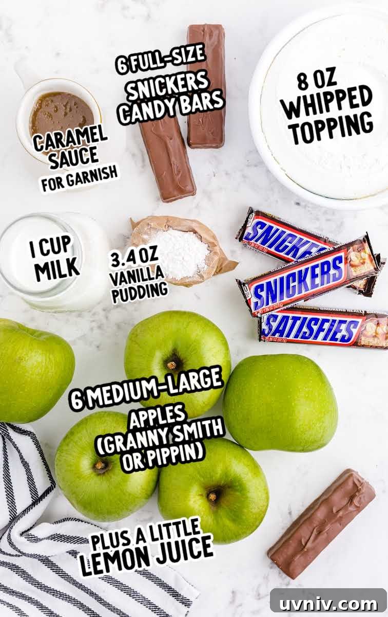 Snickers Salad Recipe: Creamy Dessert Salad with Chocolate & Peanut Butter 3 Snickers Salad raw ingredients that are labeled
