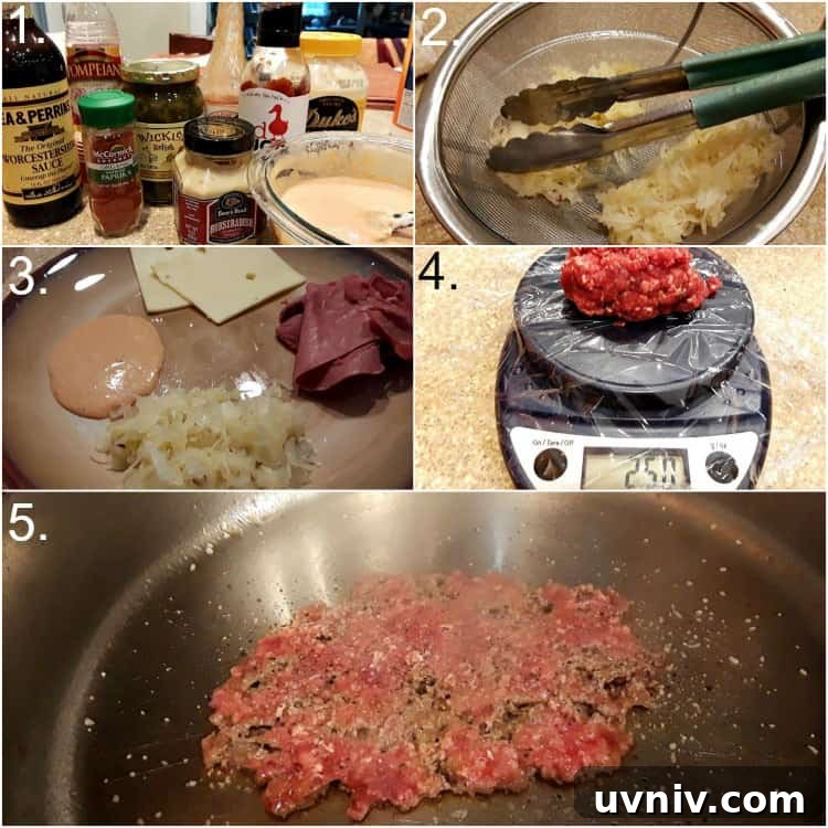 Smashed Reuben Burger: Corned Beef, Sauerkraut & Melty Swiss 2 Collage of photos showing preparation steps for the dressing, sauerkraut, and smashed patties.