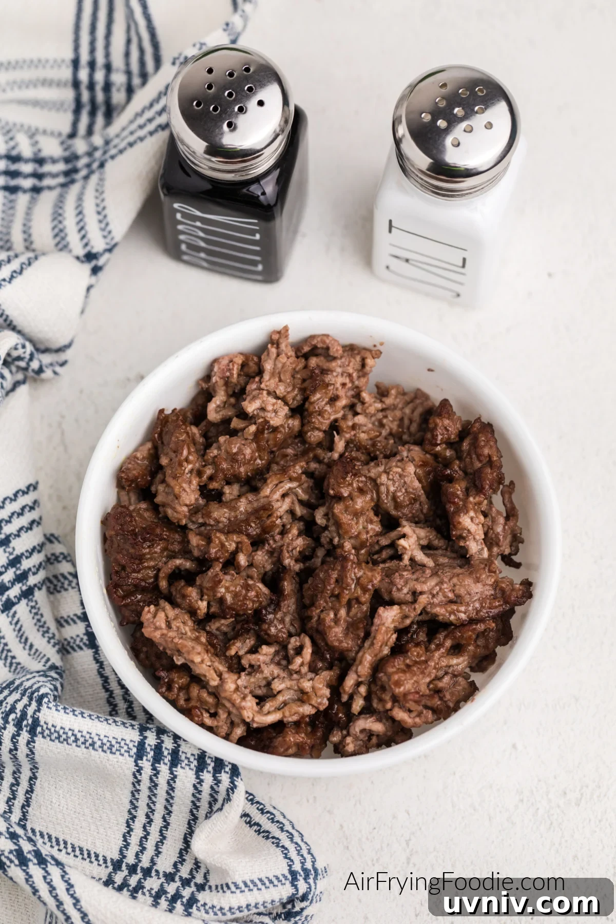Air fried ground beef in a bowl ready to eat.