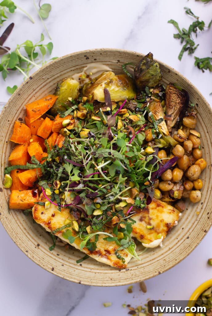 Roasted Vegetable Orzo Bowls with Crispy Fried Feta 2 Bowl with creamy cashew sauce, orzo, fried feta, roasted brussels sprouts and chickpeas and sweet potatoes