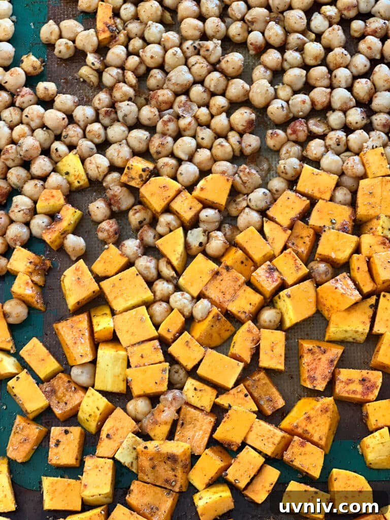 Roasted Vegetable Orzo Bowls with Crispy Fried Feta 3 Sheet pan with roasted sweet potatoes and chickpeas