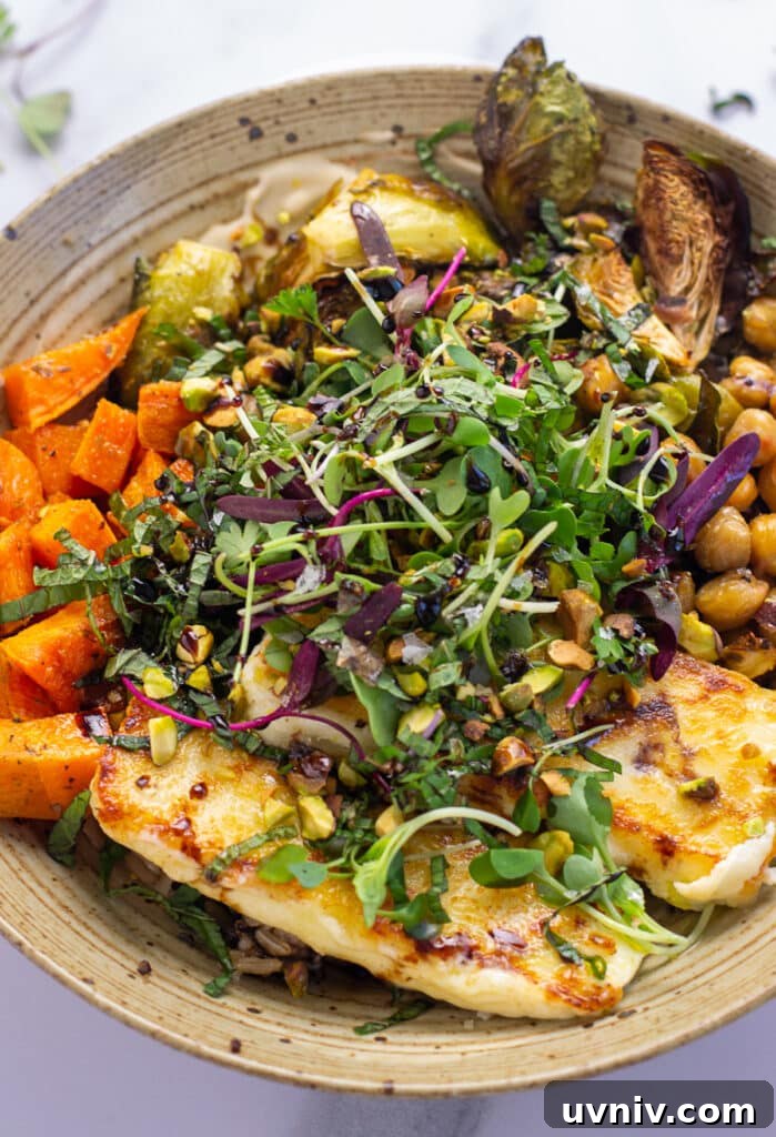 Roasted Vegetable Orzo Bowls with Crispy Fried Feta 4 Blocks of fried feta, roasted sweet potatoes and brussels sprouts, chickpeas, microgreens, pistachios in a bowl with orzo and creamy cashew sauce