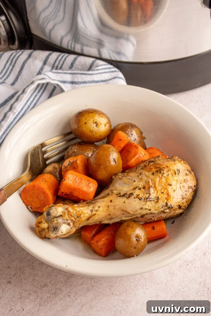 Slow Cooker Chicken Legs with Crispy Potatoes Recipe 3 A white bowl with a chicken leg surrounded by carrots and baby potatoes.