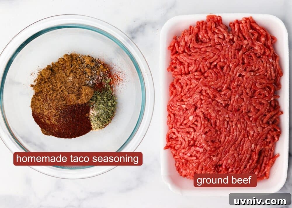 ground beef ingredients including homemade taco seasoning and ground beef