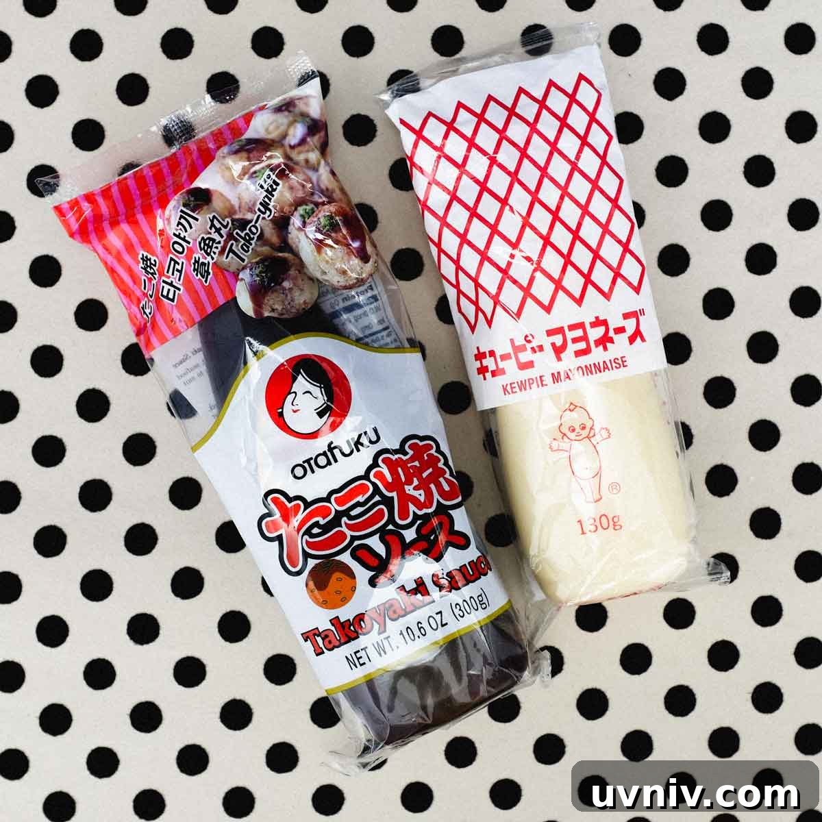 Japanese takoyaki sauce and kewpie mayonnaise on a polka dot background.
