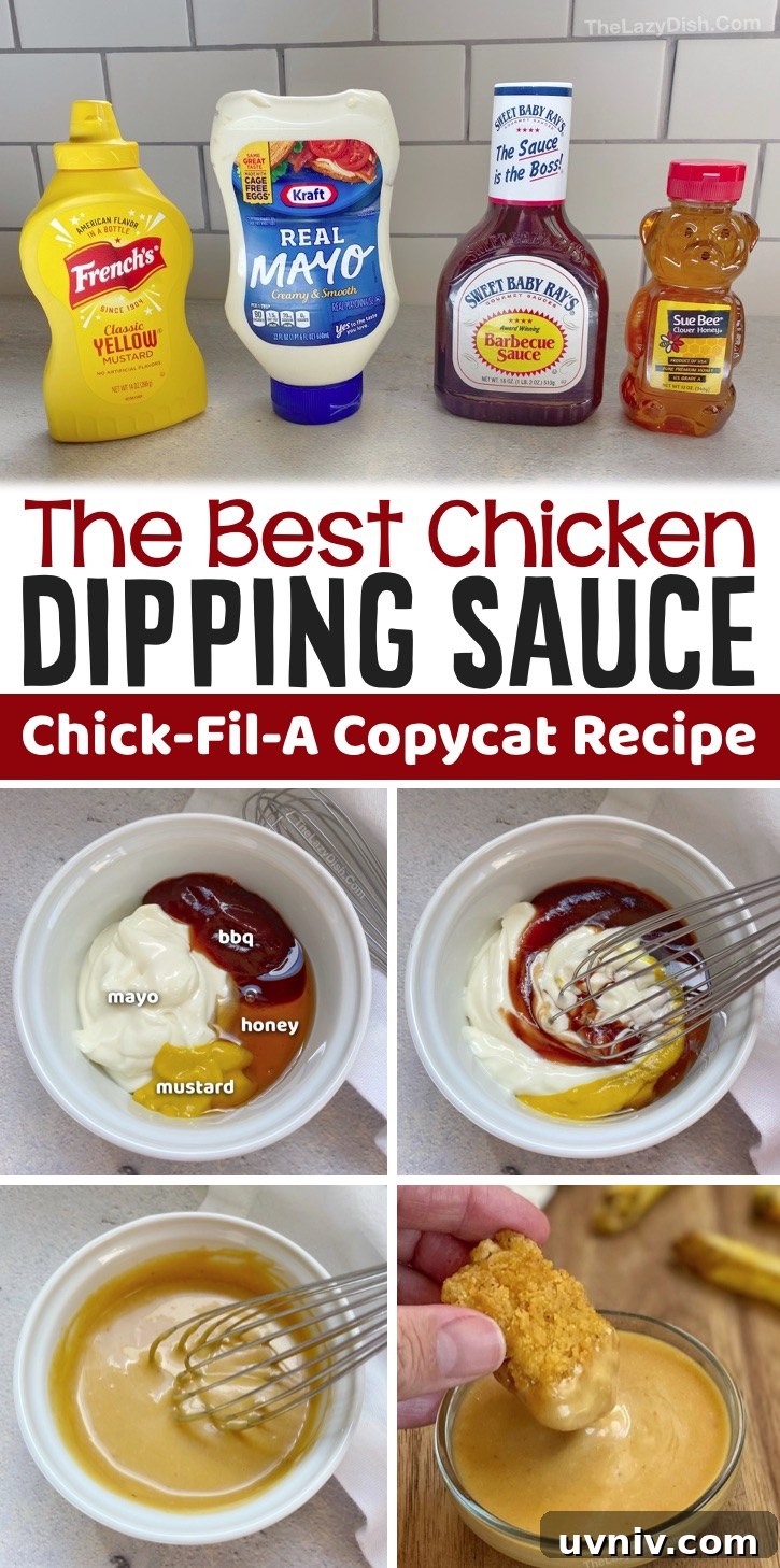 Copycat Chick-fil-A sauce pairs well with nuggets, tenders, fries and sandwiches. Made with mayo, mustard, bbq and honey.