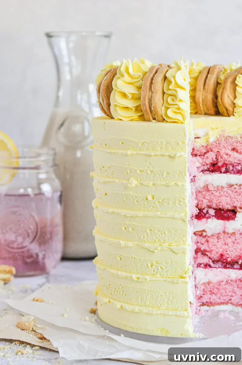 Pink Lemonade Cake Recipe: Light, Refreshing Layer Cake 3 A yellow cake topped with frosting swirls and cookies. A slice is taken out and showing a bit of the pink cake layers inside.