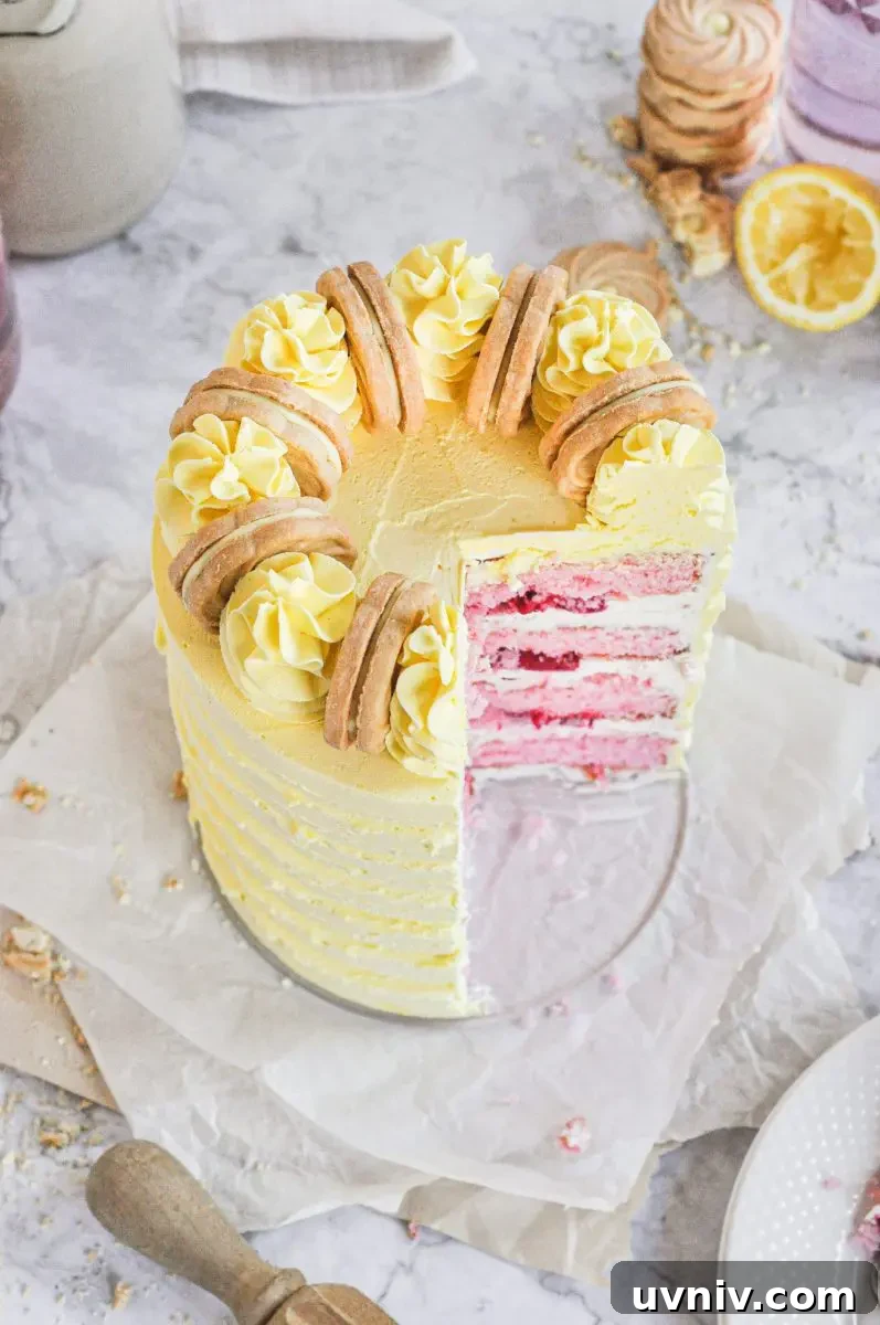 Pink Lemonade Cake Recipe: Light, Refreshing Layer Cake 4 A yellow cake with a large slice taken out and showing a little peek of the inside cake layers which are bright pink.