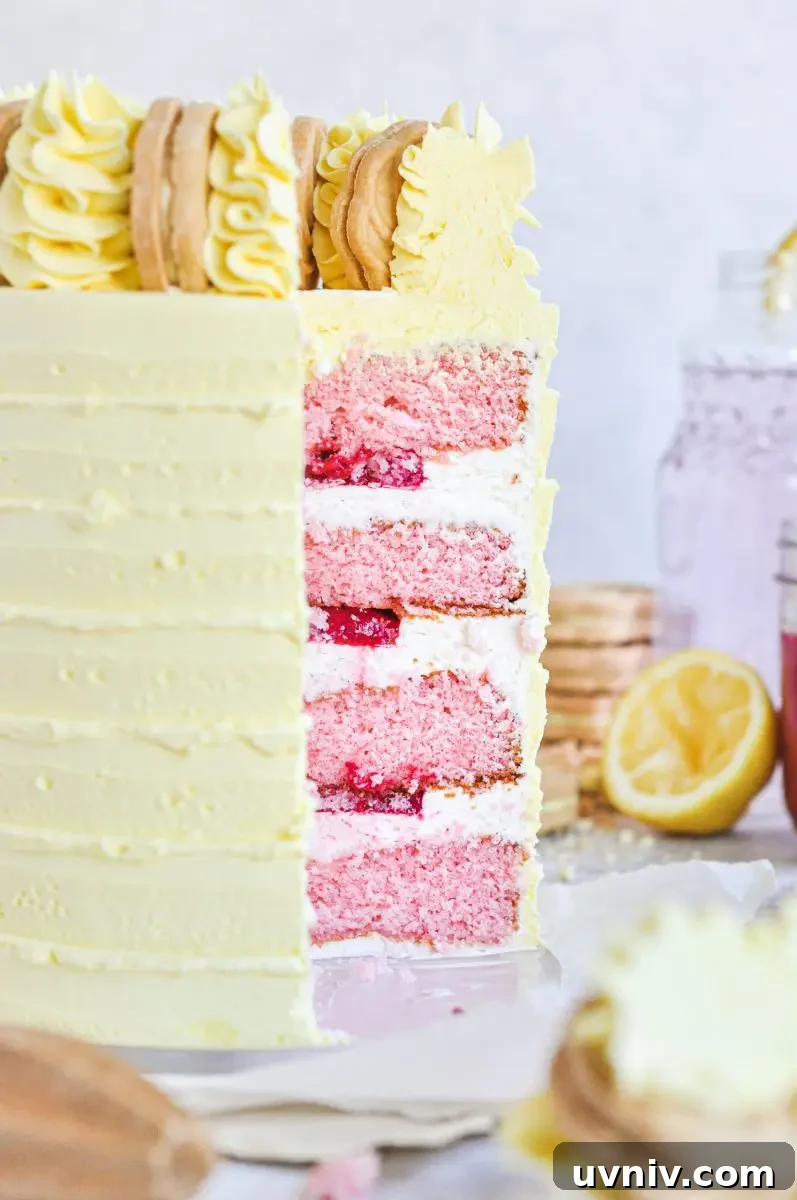Pink Lemonade Cake Recipe: Light, Refreshing Layer Cake 6 A yellow cake with a slice taken out of it. You can see the inside cake layers which are pink and have a bright pink raspberry filling in between each layer.