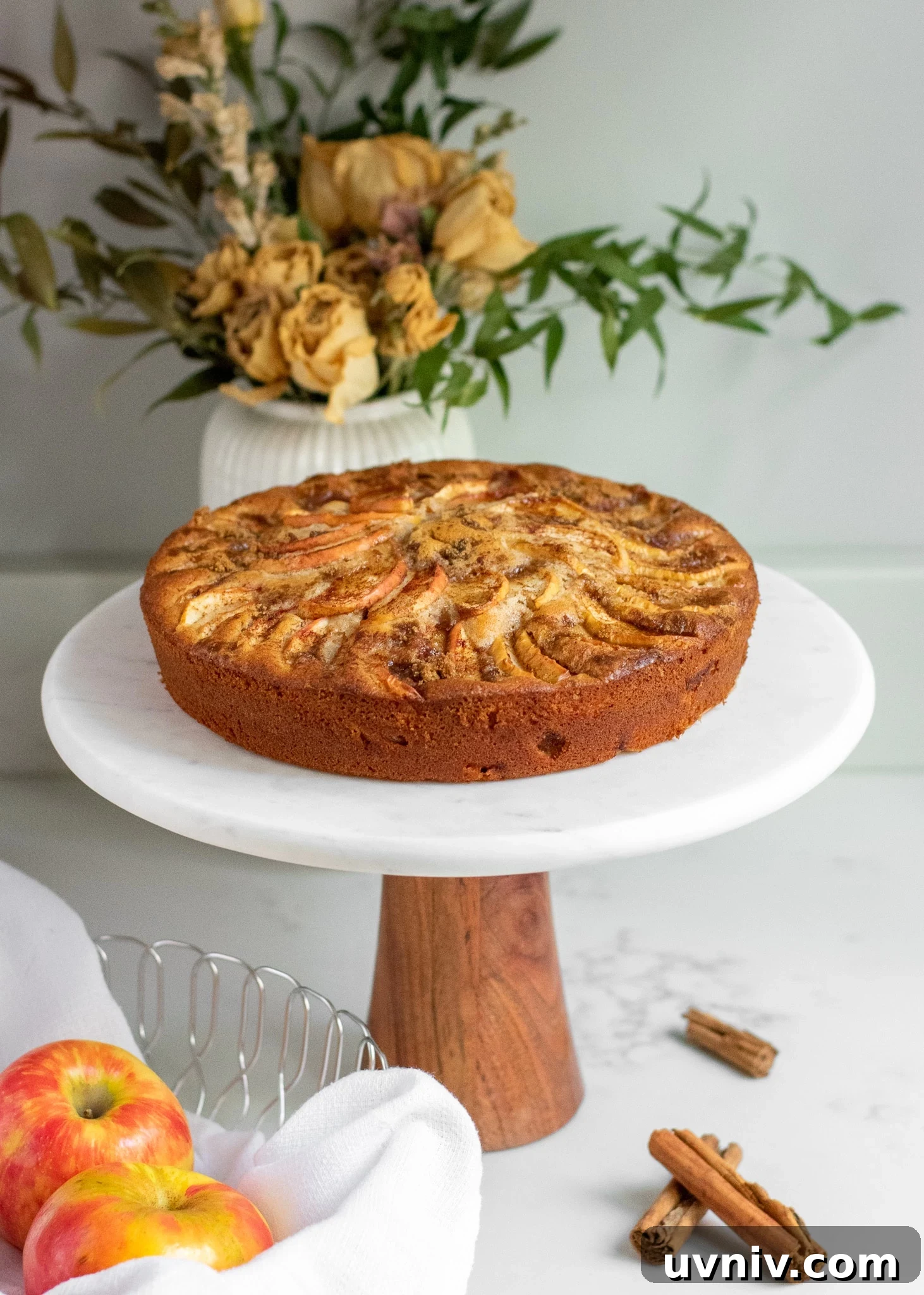 Classic Danish Æblekage Recipe — Rustic Apple Cake with Crumbs 2 Apple cake on a cake stand topped with cinnamon and brown sugar.