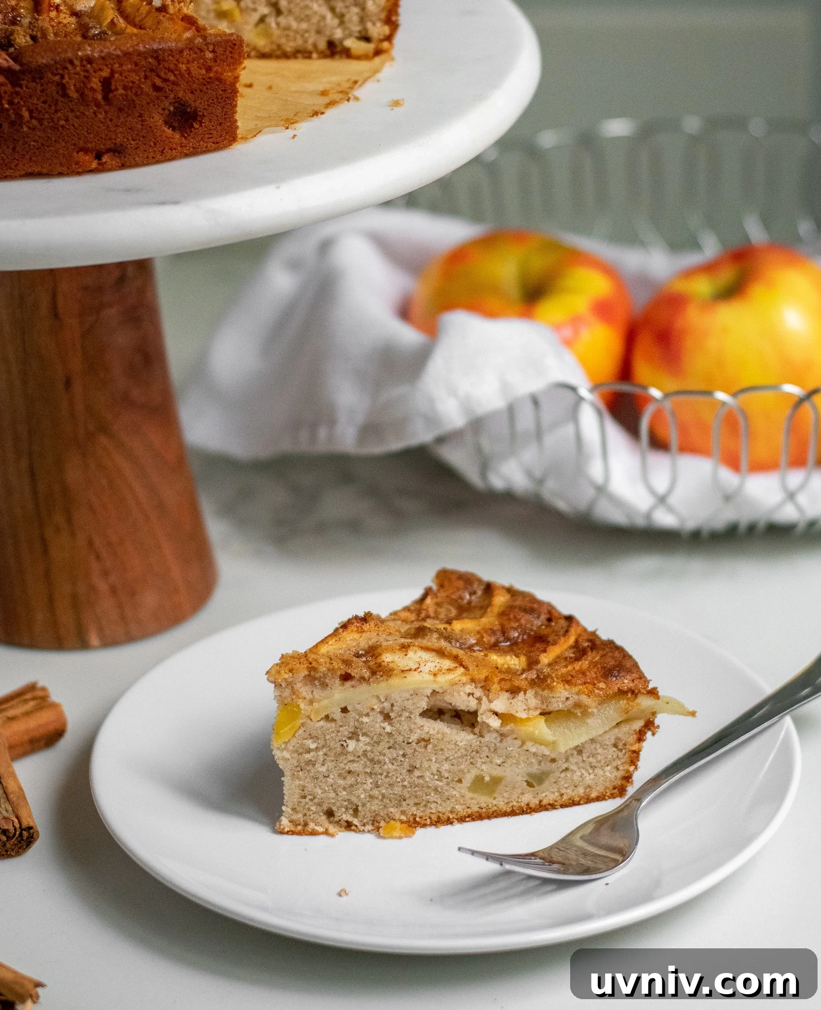 Classic Danish Æblekage Recipe — Rustic Apple Cake with Crumbs 9 A slice of apple cake topped with cinnamon and brown sugar.