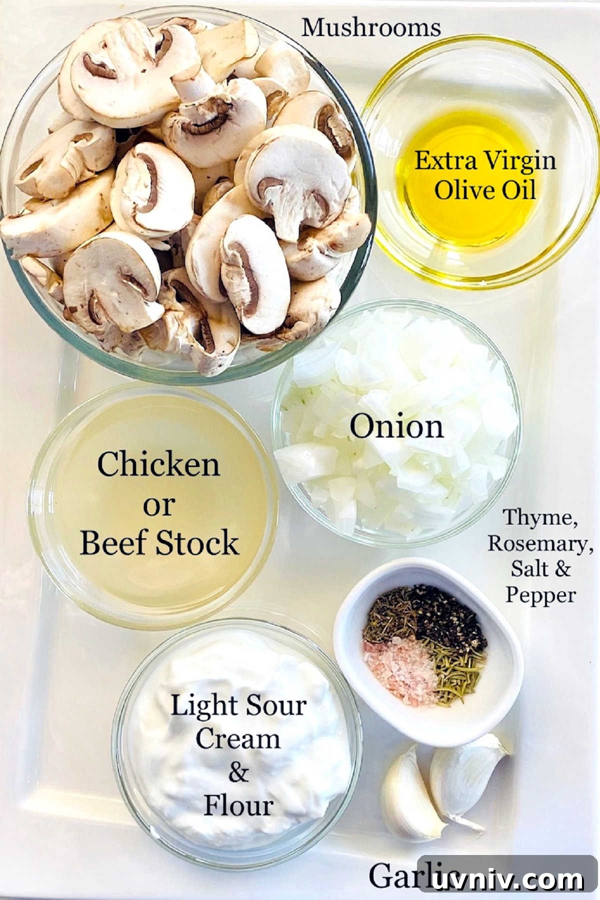 Creamy Wild Mushroom Soup Recipe — Comforting Homemade Soup 3 Labeled photo of individual ingredients to make healthy mushroom soup